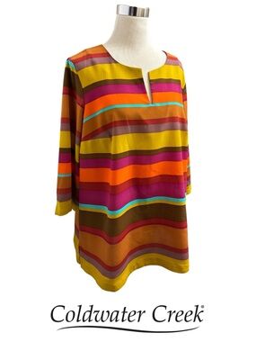 Coldwater Creek Multicolor Striped Tunic Top - Yellow, Orange, Pink & Teal